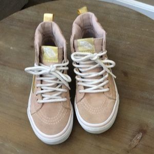 Pink and gold vans high top sneakers